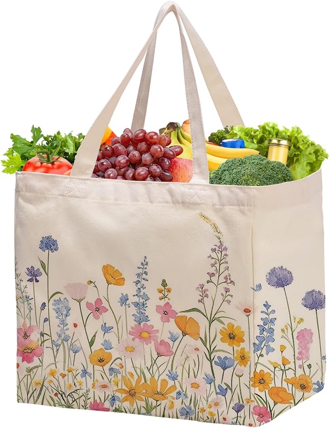 Aesthetic Canvas Reusable Grocery Bags Heavy Duty, 8.3 gal Foldable Large Tote Bag with Handles, Holds 60 lbs & Washable Eco-friendly Bags with 5 Pockets, Beige with a print 1 Bags（Wildflowers） - Image 6