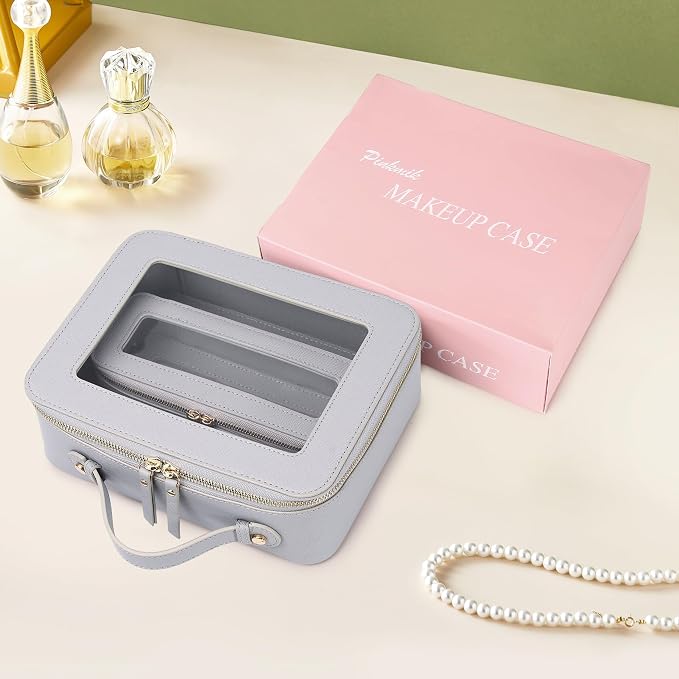 Pinkmik Clear Makeup Bag with Brush Bag, Gray, (L+SLIM) | 2pcs, Waterproof, Travel Case for Cosmetics and Toiletries, Women's Cosmetic Organizer, with Zipper - Image 7
