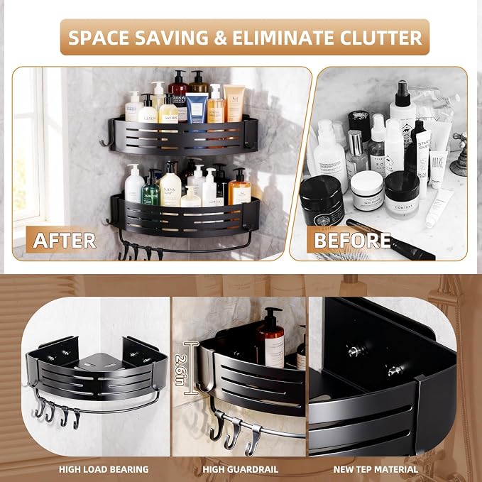 2-PackCorner Shower Caddy,Adhesive Black Caddy,No Drilling Bathroom Storage | Bathroom Organizer And Storage,No-drill adhesive corner caddy, Estantes Para Baño,shower caddy for kitchen or study - Image 6