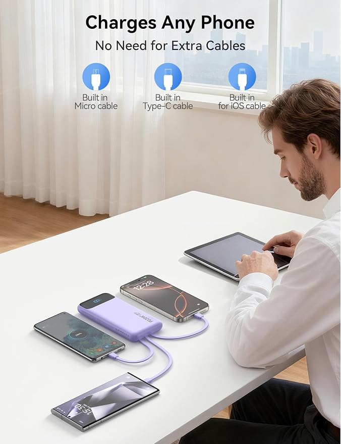 Nusyddy Portable Charger 10000mAh 22.5W w/4 Built-in Cables/6 Outputs Purp. | 22.5W Fast Charging, LED Display, Pass Through Charging, Charge 6 Devices at once, TSA Approved, Fits iPhone, iPad, Samsung - Image 7