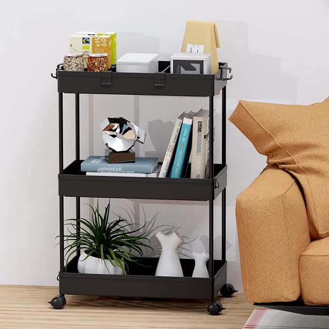 3 Tier Rolling Cart with Wheels, Storage Craft Art Trolley Organizer Serving, 3 Hanging Baskets Easy Assembly, for Office, Bathroom，Living Room, Kitchen, Black - Image 8