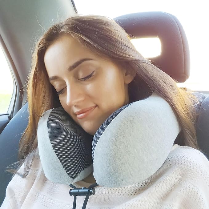 napfun Neck Pillow for Travel with Travel Pouch, Sleep Mask & Earplugs, Memory Foam Airplane Pillow for Headrest Sleep with Eyeshades, Plane Essentials with Eye Blindfold, Light Gray Kit - Image 6