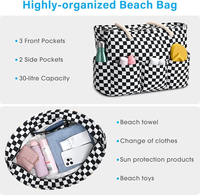 Becokan Beach Bags for Women Canvas Large Beach Tote Bag Zipper Waterproof Sandproof Foldable Swim Pool Bag with 7 Pockets - Image 7