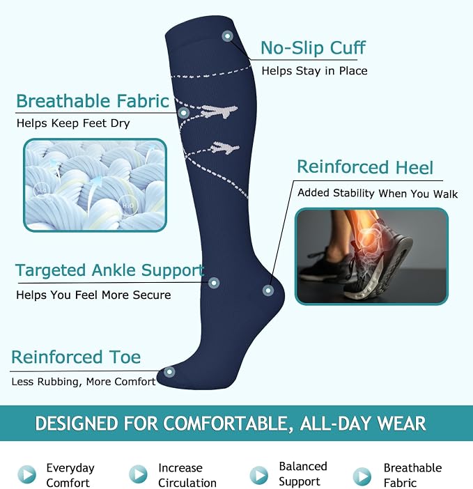 8 Pairs Compression Socks Women Men 15-20mmHg Knee High Support Circulation | Copper Nylon Graduated Stockings,Leg Fatigue, Nurses, Pregnancy, Running, Travel, Flight, Athletic, Medical - Image 4