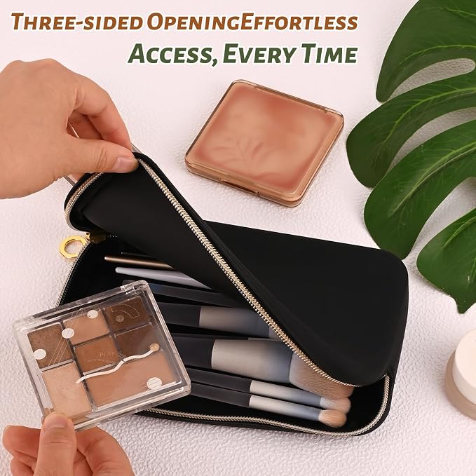 Zipper Makeup Brushes Bag For Travel, Make Up Brushes Pouch Case for Makeup Tools, Large Silicone Makeup Brush Holder for Daily Work (Black) - Image 2