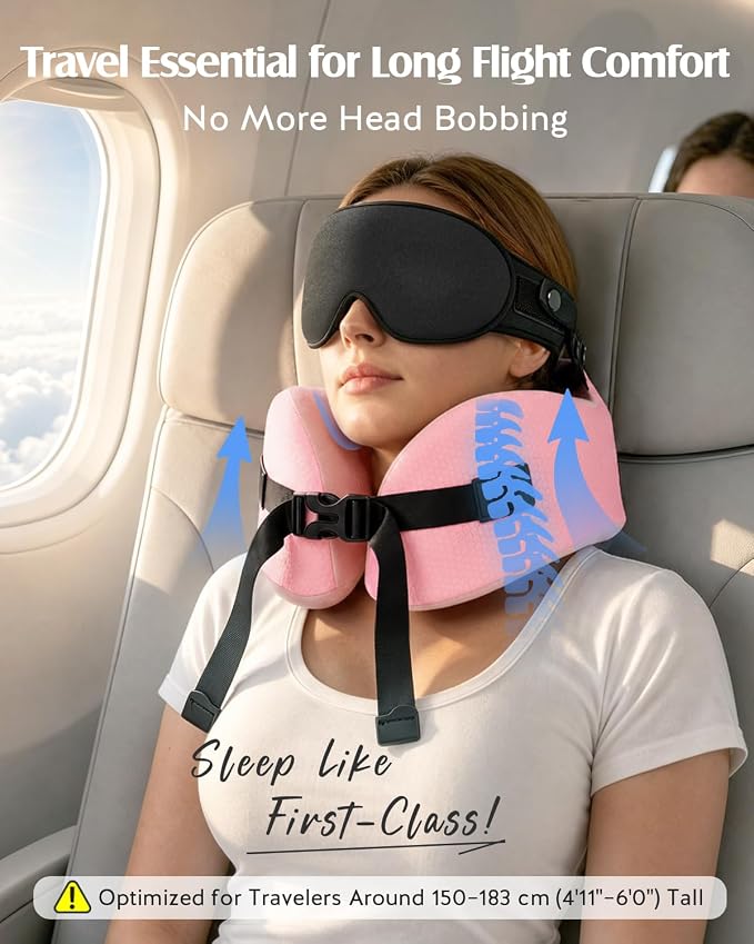 YFONG Travel Pillow with 3D Sleep Mask for Long Flights Airplane, Pink | Patented 360° Ergonomic Sleeper Hold Head Support System, Memory Foam Neck Pillow, Prevents Head Bobbing, Adjustable Strap - Image 2