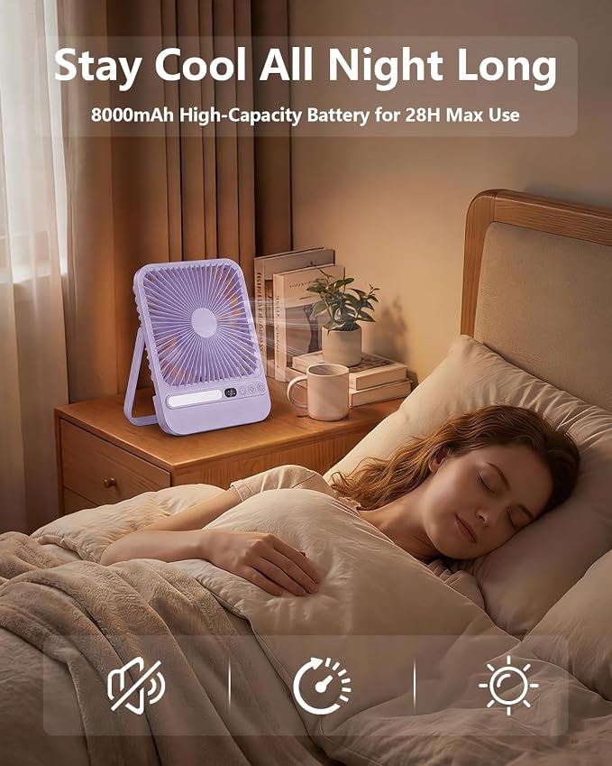 8000mAh Ultra-Thin Portable Travel Fan with Timer, Light&LED Display | 7in,28H Max Cooling Time,<42dB quiet for sleeping,cruise approved,4 Speeds Wind,Rechargeable Battery Fan for hotel office - Image 4