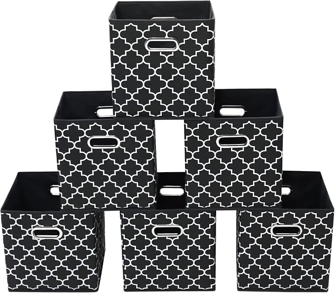 Fabric storage bins Cubes, Fabric Cube Organizer with Handle, Foldable Cube Bins for Cloth or Accessary Storage, 11x11x11 set of 6,Black Light by Yunkeeper