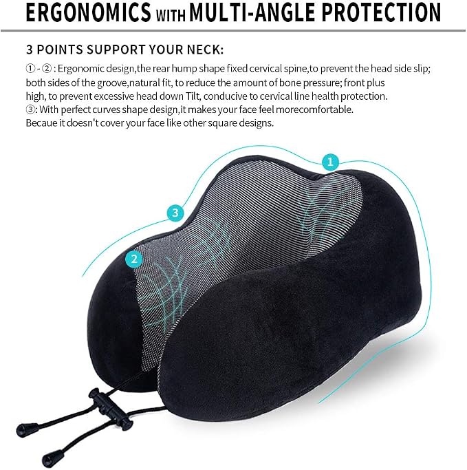 TALLGO Travel Pillow, Best Memory Foam Neck Pillow Head Support Soft Pillow for Sleeping Rest, Airplane Car & Home Use (Black) - Image 7