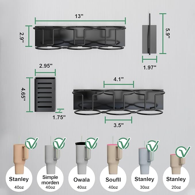Magnetic Cup Holder for Fridge, Aufworld Tumbler Organizer Fits 20/30/40 oz Stanley Cups, Accessory Storage with Lid & Straw Holder, Space-Saving Storage Rack for Kitchen Fridge (Black-Cup Holder Set) - Image 3