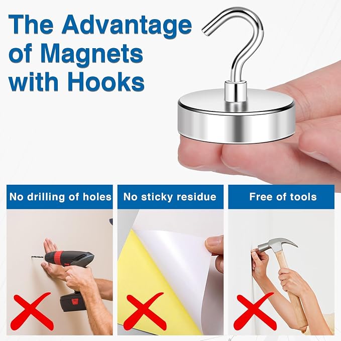 LOVIMAG Magnetic Hooks for Cruise Cabins, 170LBS, 12Pack | Heavy Duty Neodymium Magnet with Hook Essentials for Classroom, Fridge, Ceiling, Hanger, Silver - Image 5
