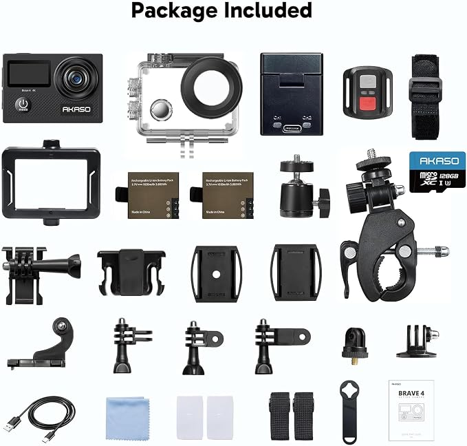 AKASO Brave 4 Action Camera 4K30fps with 128GB MicroSD Card Bundle | 20MP EIS WiFi 170° FOV 5X Zoom Waterproof Underwater Camera for Snorkel, Travel, Bicycle, Helmet, Motorcycle Accessories Kit - Image 9