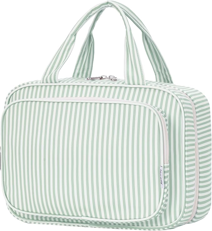 Narwey Striped Travel Toiletry Bag for Women Large Hanging Makeup Bag Organizer Toiletries Bag for Full Size Essentials Accessories Cosmetics (Mint Green Stripe (Large)) by Narwey