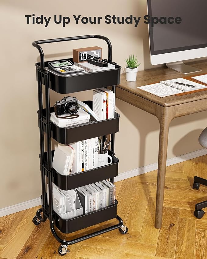 Pipishell Metal 4 Tier Rolling Cart with Handle & 2 Lockable Wheels, Black | Four Large 2" Wheels for Easy Motion, Sturdy Metal, Hold 22 lbs per Shelf, Ideal for Nursery Room, Living Room, Painting Room - Image 7