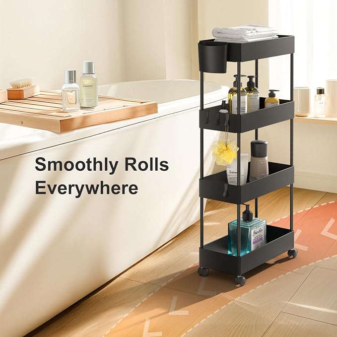 Pipishell 4 Tier Slim Storage Cart with Wheels, Laundry Cart, Black | 7.1 inch Wide - Fits Narrow Spaces, Storage Cup and 6 Hooks, Ventilation Holes, Durable ABS Material, Detachable Wheels - Image 5