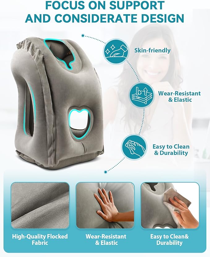 Inflatable Travel Pillow, Airplane Neck Pillow Comfortably Supports Head and Chin for Airplanes, Trains, Cars Office Napping on The Tray Table (Grey) - Image 3