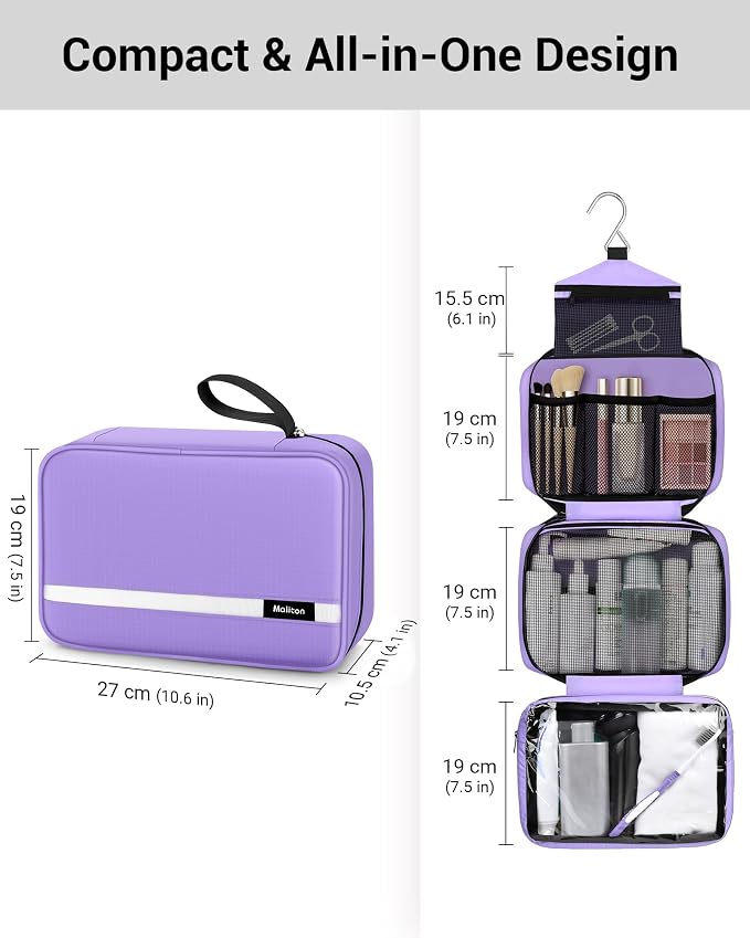 Maliton Toiletry Bag for Men & Women Travel Toiletry Bag Hanging Toiletry Bag Hygiene Organizer with 4 Compartments Waterproof Bathroom Shower Bag Large Toiletries Travel Bag (Purple) - Image 3