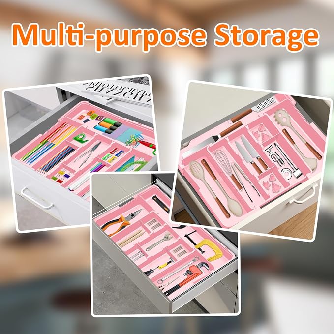 Large Utensil Drawer Organizer Expandable Silverware Organizer for Kitchen Drawer Adjustable Cooking Utensil Holder Cutlery Flatware Tray Spatula Tools Gadgets Storage Dividers Plastic Pink - Image 9