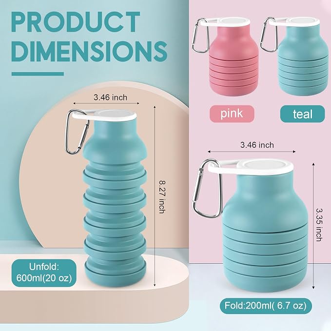 LemonRoad 2 Pcs 20 oz Portable Collapsible Water Bottles Reusable Silicone Foldable Water Bottle Lightweight Leakproof Expandable for Gym Traveling Camping Hiking Sports (Pink,Teal Blue) - Image 2