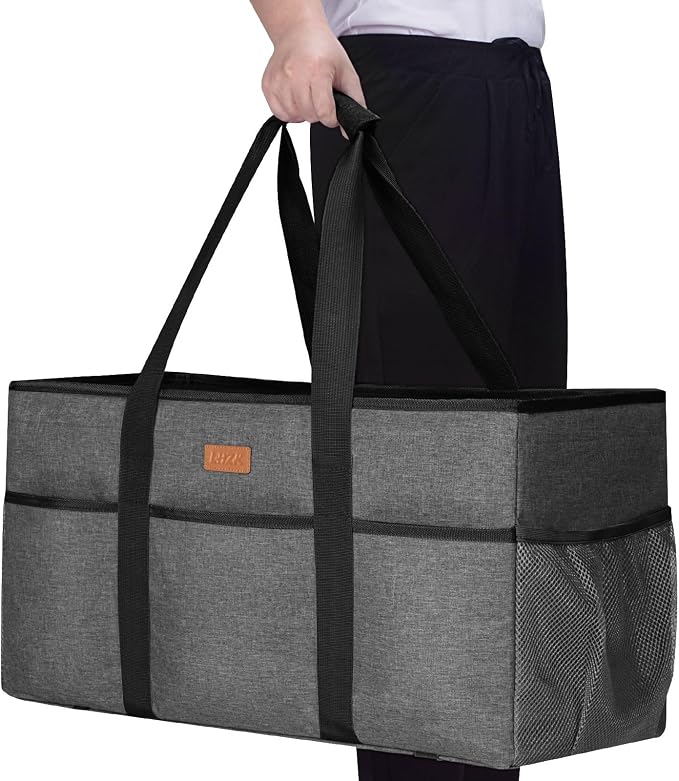 LHZK Stand Up Extra Large Utility Tote Bag with Lid, Utility Tote Bag with Metal Wire Frame and the Sides Rinforced, Reusable Grocery Bags Foldable, Beach Bag, Car Tote (Gray) - Image 6