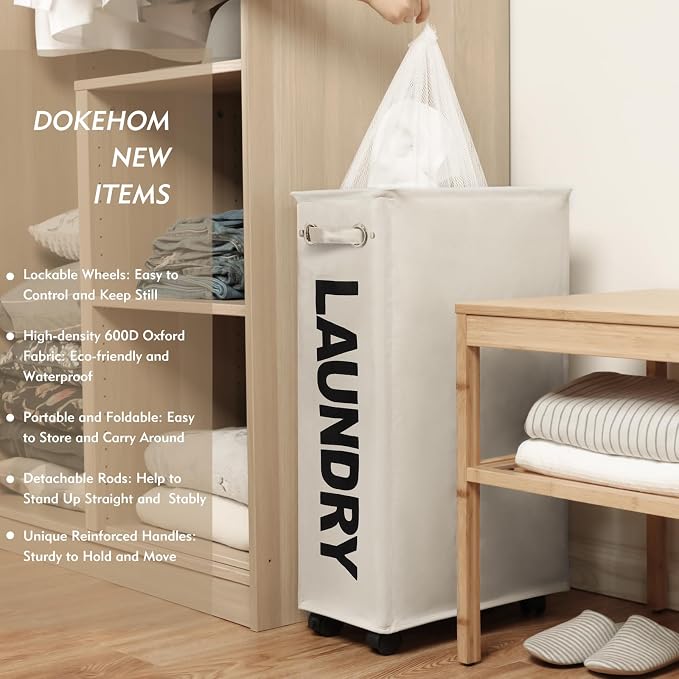 DOKEHOM 29" Enlarged Slim Rolling Laundry Basket Hamper on Wheels, Beige | Collapsible tall laundry hamper with removable mesh wash bag. Foldable narrow corner clothes storage bin for small spaces - Image 2