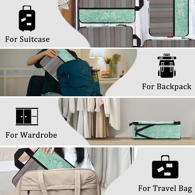 U+U 4 Set Compression Packing Cubes, Travel Organizers (Green Paisley) | Space-Saving & Lightweight Travel - Image 7