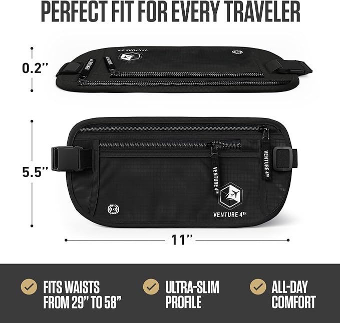 VENTURE 4TH Travel Money Belt, RFID Blocking Passport Holder - Pure Black - Image 3
