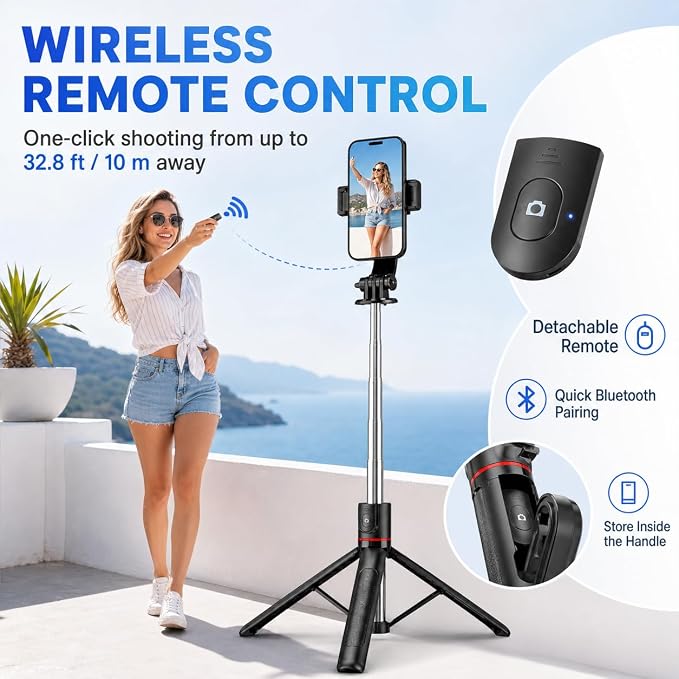 67" Detachable Phone Tripod Selfie Stick, Extendable Portable Cell Phone Stable Camera Easy Selfie Tripod Stand, with Wireless Remote, Ideal for Travel & Photos Recording/Video Vlogging, Big Tripod - Image 5