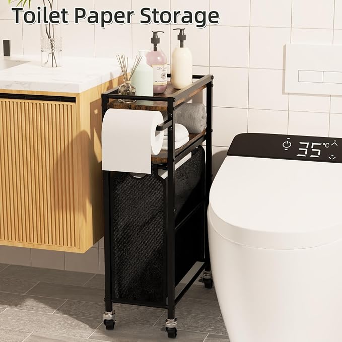 Toilet Paper Holder with Storage Bag & Wheels - Freestanding Bathroom Organizer Holds 9 Rolls for Small Spaces, Essentials Storage Beside Toilet-Brown - Image 6