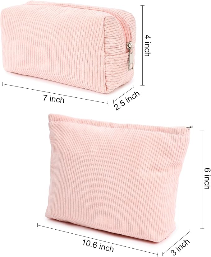 SOIDRAM 2 Pieces Makeup Bag Large Corduroy Cosmetic Bag Capacity Canvas Mix Travel Toiletry Bag Organizer Cute Makeup Brushes Aesthetic Accessories Storage Bag for Women, Corduroy Mix Pink - Image 3