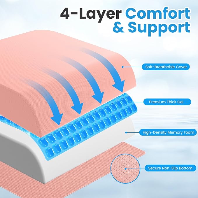 Wheelchair Seat Cushion for Pressure Relief, Cooling Gel Memory Foam Chair Cushion with Slope-Edge Design, Coccyx Support for Tailbone Pain, Non-Slip, for Wheelchairs, Office Chairs & Car Seats, Pink - Image 6