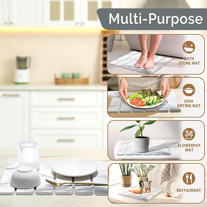 Small Stone Dish Drying Mat for Kitchen Counter, 2 PCS 16"×12" & 8"x4" Quick Dry Stone Mats, Foldable Water Absorbing Diatomaceous Earth Drying Dish Pad for Countertop Bottle Utensil Cup(White Gray) - Image 6