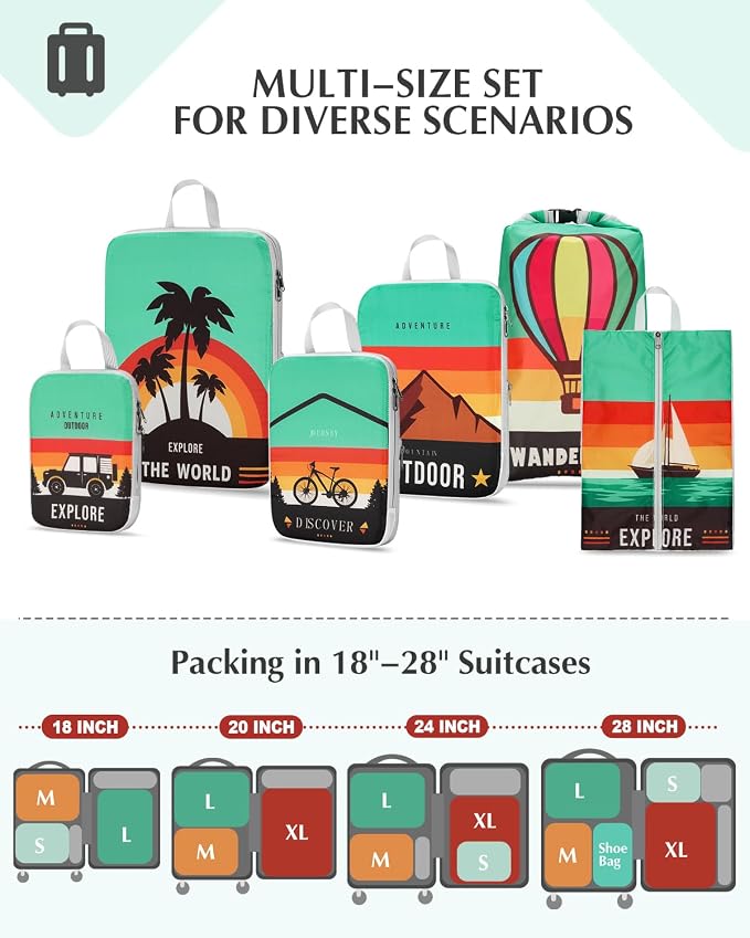 Gonex 6-Piece Compression Packing Cubes with Shoe & Laundry Bags | Unique Printed Design, Ripstop Fabric, Double-Zip Compression, Carry-On Friendly, Lightweight - Image 5