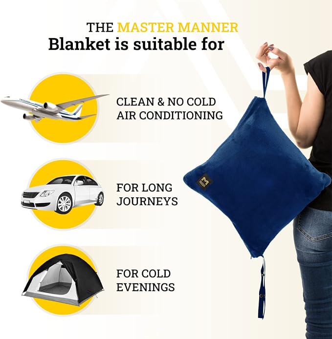 Travel Blanket Airplane Compact with Hoodie – 2in1 Airplane Travel Accessories from Plane Blanket to Travel Pillow with Luggage Strap, Soft Handle & Secure Pocket (Navy Blue, 62x41'') | 300 GSM fleece airplane blanket; attached hoodie doubles as its st... - Image 7