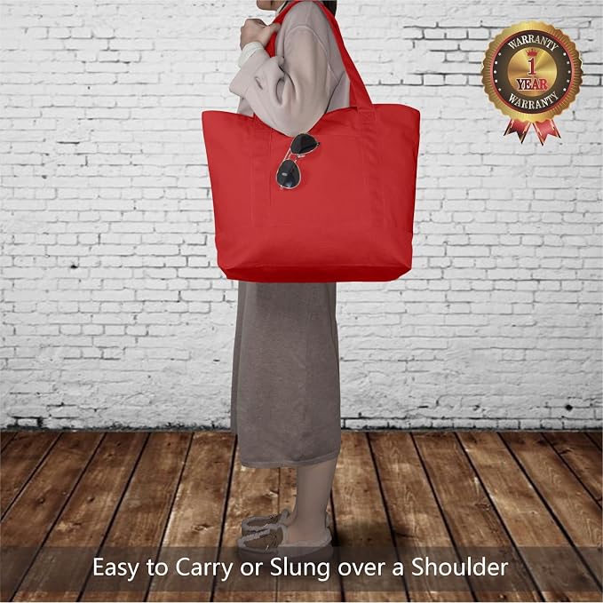 TOPDesign 3-Pack Canvas Tote Bags with an External Pocket, Reusable Grocery Shopping Bags, Top Zipper Closure, Daily Essentials (Red) - Image 2