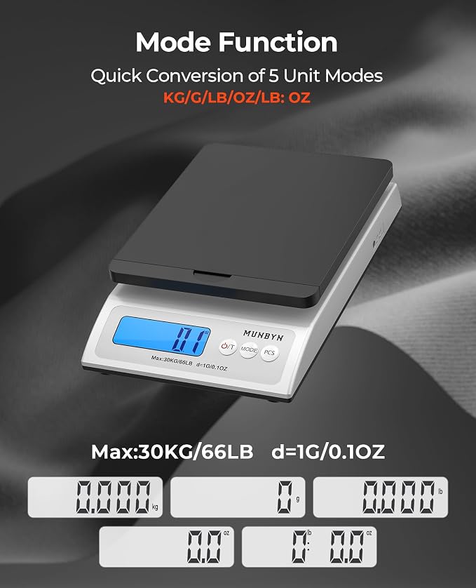 MUNBYN Shipping Scale, 66lb/0.1oz Accurate Digital Postal Scale Black | Hold & Tare & PCS, Dual Power AC or Battery, Backlit LCD, Package Weight Scale, Kitchen & Food Use - Image 6