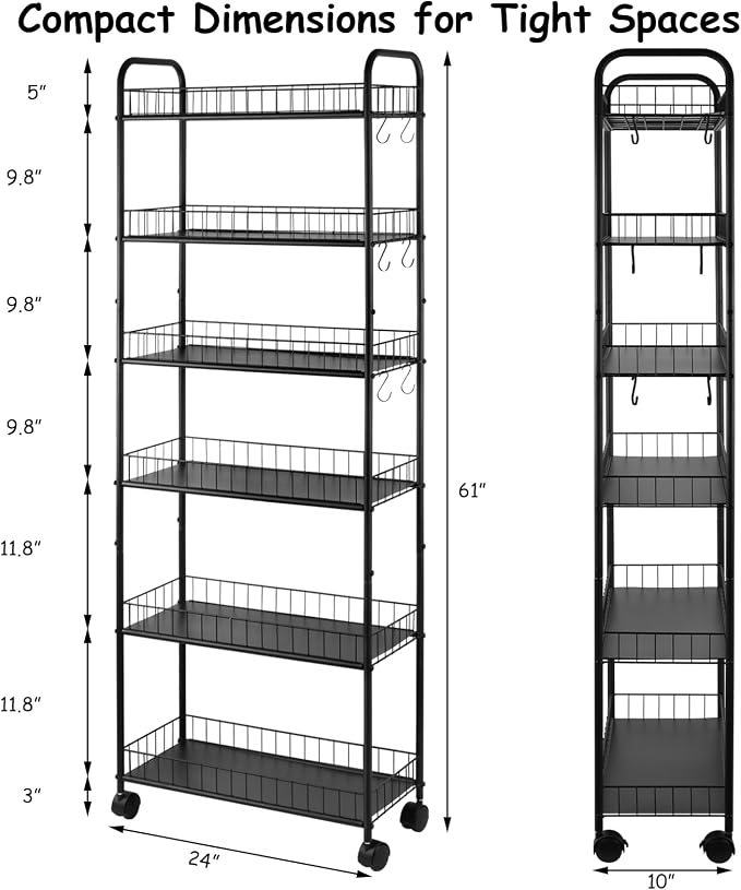 6 Tier Rolling Storage Cart on Wheels, Slim Tall Narrow Storage Shelf for Small Spaces, Metal Utility Cart Freestanding Mobile Shelving Rack with Wheels for Kitchen, Bathroom, Laundry Room - Image 4