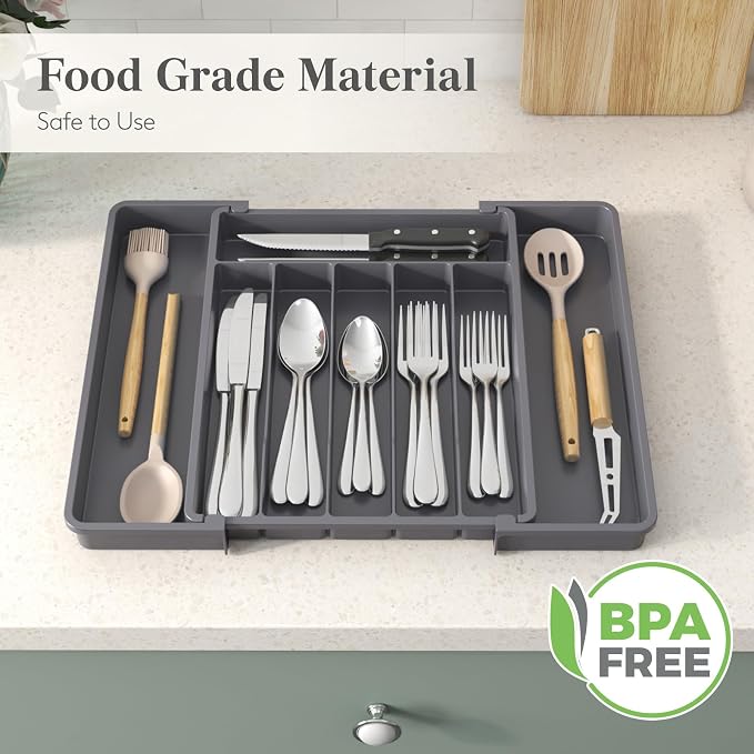 Lifewit Expandable Silverware Drawer Organizer, Kitchen Utensil Tray | BPA-free Plastic Flatware Cutlery Holder, Space-Saving Storage for Spoons Forks Knives, 11-18 x 14 x 1.5“, Dark Gray - Image 7