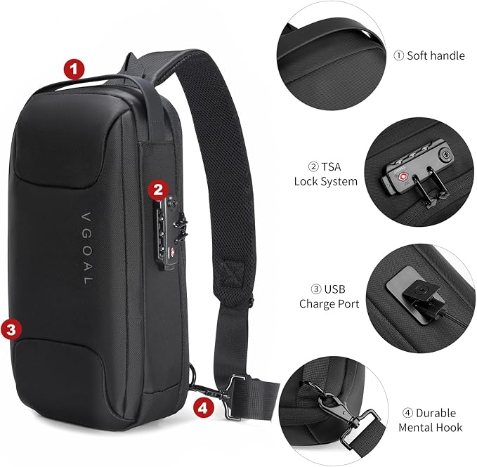 VGOAL Anti Theft Crossbody Bag for Men Sling Backpack Chest Shoulder Bag | Waterproof,Combination Lock,USB Charge Port,Portable,Minimalist,13*6.7*3.5Inch,Fit 9.7" IPad,Business,Travel,Cycling,Hiking - Image 7