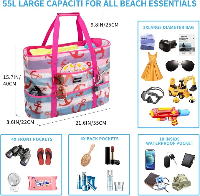 KABAQOO Mesh Beach Bag, Extra Large Beach Bags with 9 Pockets & Zipper Waterproof Lightweight Beach Tote for Beach/Pool Trip - Image 4