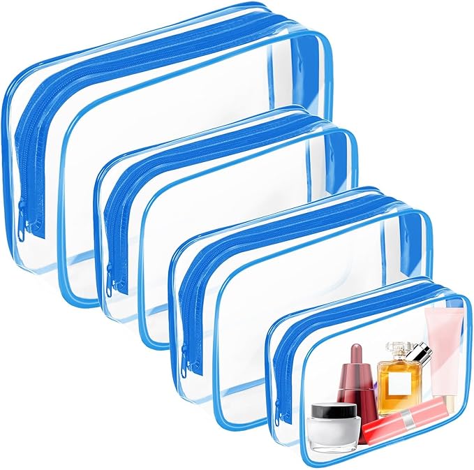 AURUZA Clear Makeup Bag,Portable Travel Toiletry Bags with Zipper, TSA Approved Clear Organizer Bags, PVC Cosmetic Pouch for Airport Airline Compliant (4 Packs Blue) by AURUZA