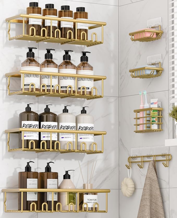8 Pack Adhesive Large Capacity No-Drilling Shower Caddy, Gold | Rustproof Shower Shelves Rack with Soap Dishes, Toothbrush Holder & Hooks for Bathroom Organizers & Storage Accessories by Unknown