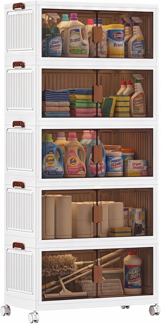 275QT Stackable Storage Bins With Lids, Collapsible Plastic Storage Bins with Wheels and Doors, Foldable Plastic Cabinets for Bedroom Dorm Garage - Image 9