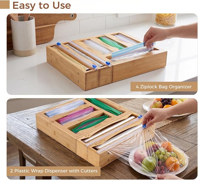 6-in-1 Bamboo Kitchen Drawer Organizer for Storage Bag, Foil & Plastic Wrap | Saran Wrap Dispenser with Cutter, Plastic & Grocery Bag Holder, Bamboo Drawer Organizer, Gallon/Quart Storage Bags - Image 9