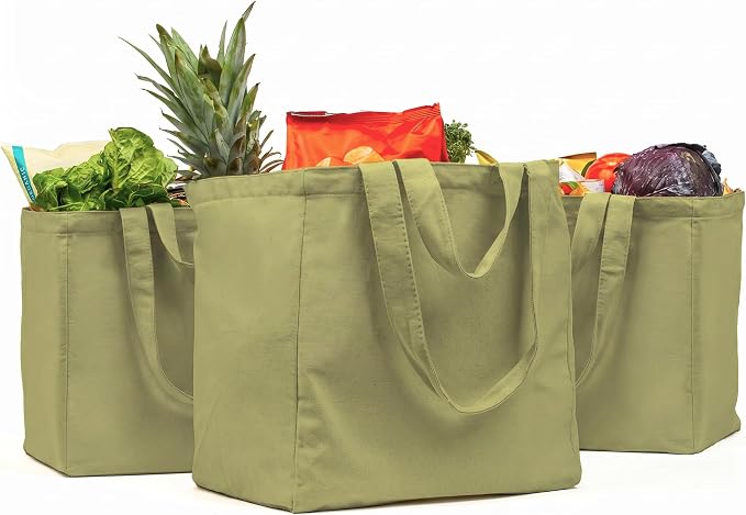 VeraMia Canvas Grocery Bag 3pc XL Set with Real Pockets, Long Shoulder Strap and Short Handle. Heavy Duty, Foldable, Washable by VeraMia