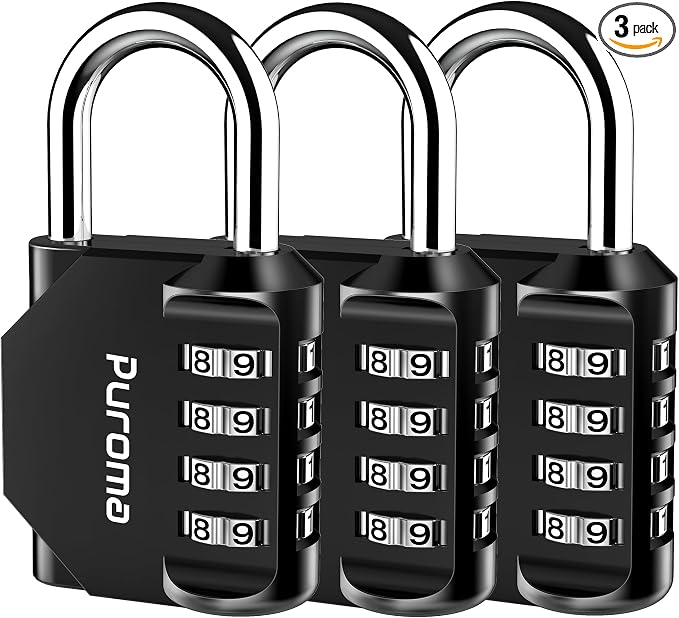 Puroma 3 Pack Combination Lock Locker 4 Digits Combo Padlock Gym Black | For School Gate Fence Toolbox Hasp Storage, Outdoor, Resettable, Weatherproof, Side Window, Crack Cut Resist, Hardened Steel by Puroma