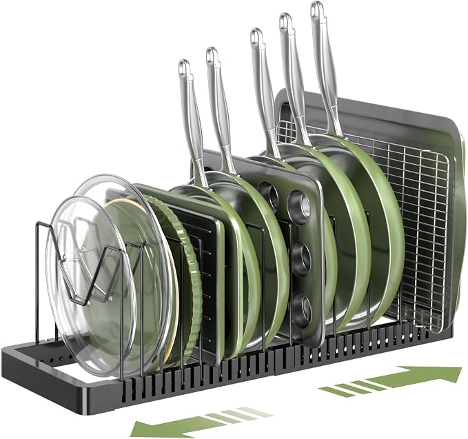 Pots and Pans Organizer under Cabinet, Expandable Pot Lid Organizer Holder with 14 Adjustable Compartment, Pan Organizers inside Cabinet for Lids, Bakeware, Kitchen Storage Pot Rack, Black by PanPanPal