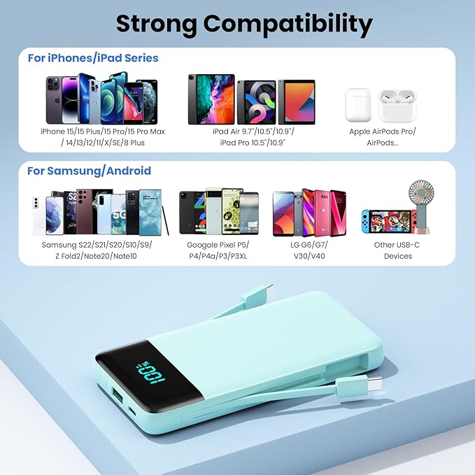 Portable Charger for iPhone with Built-in Cables and Wall Plug,Upgraded 13800mAh Fast Charging USB C Power Bank,4 Outputs Slim Travel Essentials Battery Pack for iPhone 17/16/14,Galaxy,Android-Green - Image 5