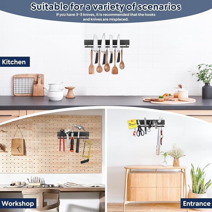 12 Inch Magnetic Knife Holder with 5 Hooks, No Drilling Black Magnetic Strip and Utensil Hanger for Wall - Image 7