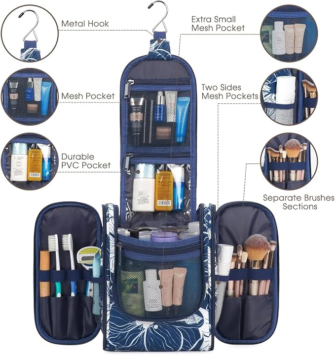 Narwey Small Hanging Travel Toiletry Bag Cosmetic Make up Organizer for Women and Men (Medium, Blue Lotus) - Image 2